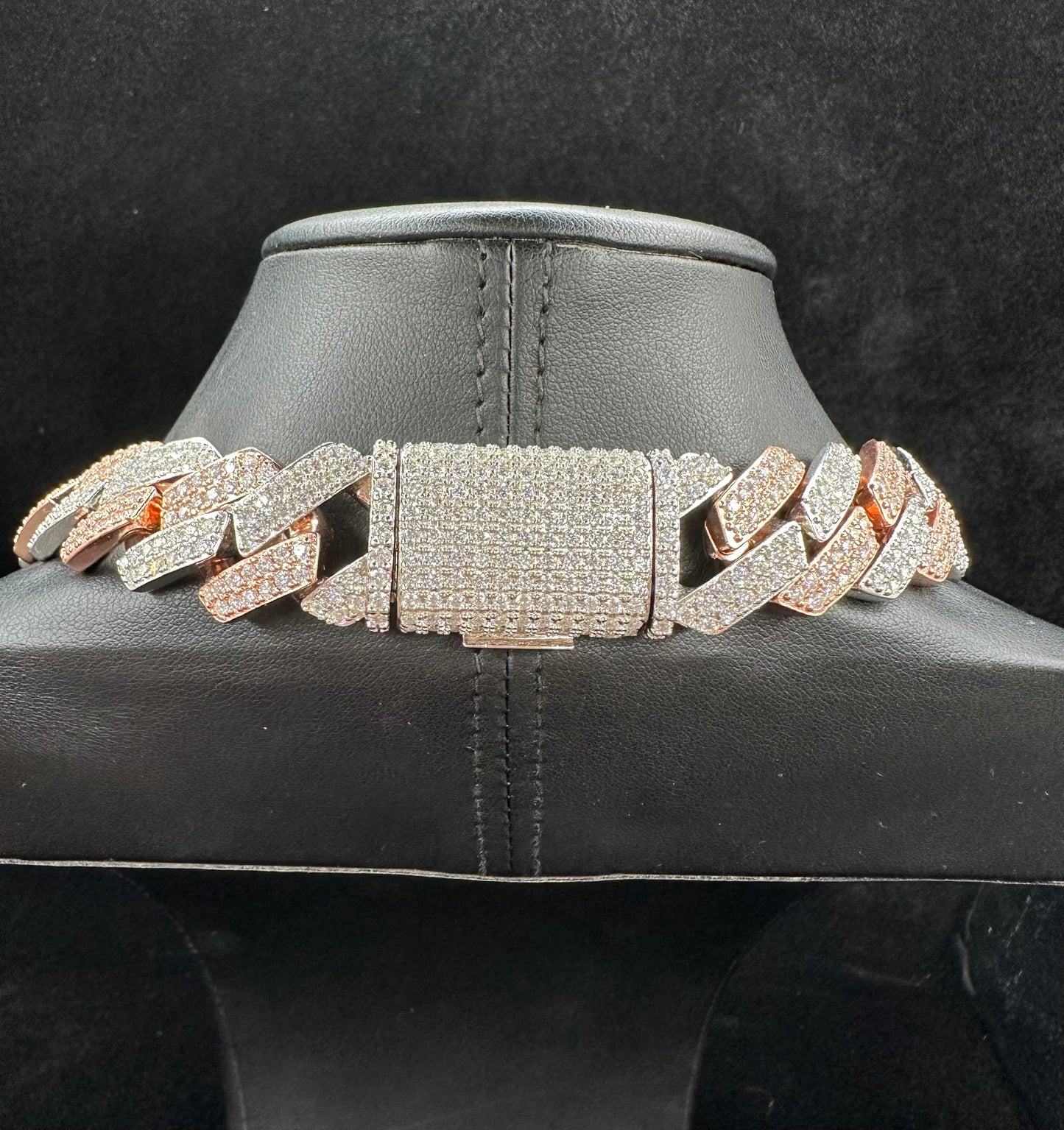 20MM Two Tone Rose Diamond Moissanite Prong Cuban Chain 925 Silver