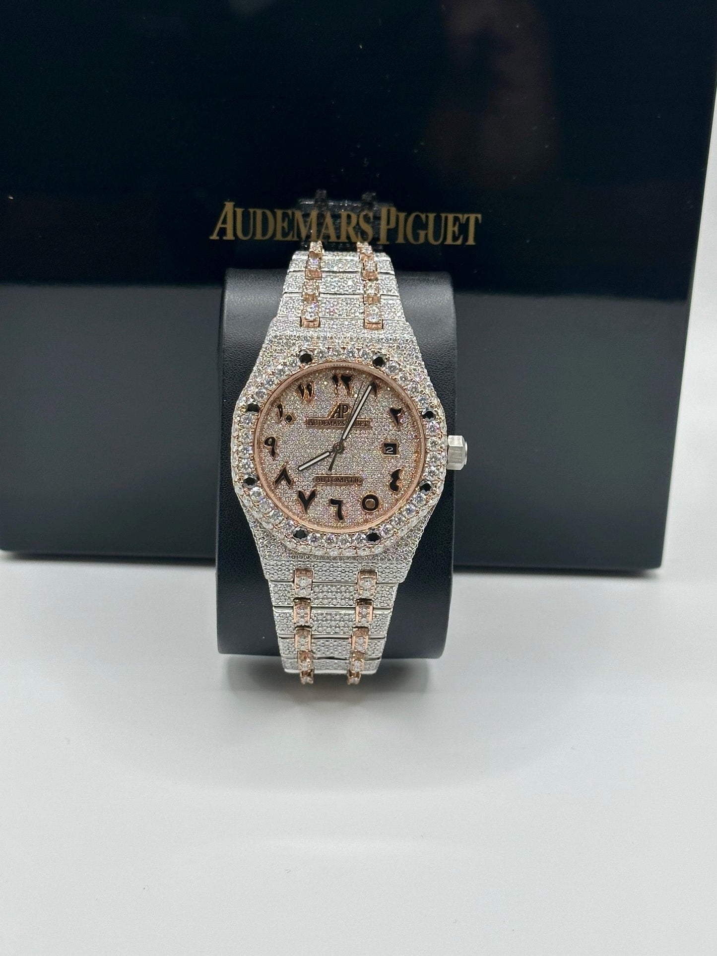 Two-Tone Rose Gold with Black Stones AP Diamond Moissanite Watch with Arabic Numbers
