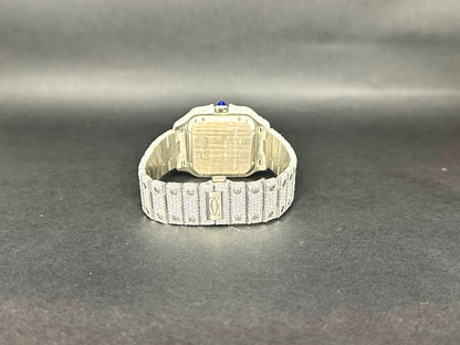All White with Black Arabic Numbers Santos Diamond Moissanite Automatic Watch